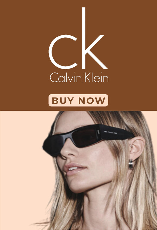 Close-up of a woman wearing sleek black Calvin Klein sunglasses mobile banner , highlighting the modern and elegant design. Brown and beige background with Calvin Klein branding and a "Buy Now" call-to-action.