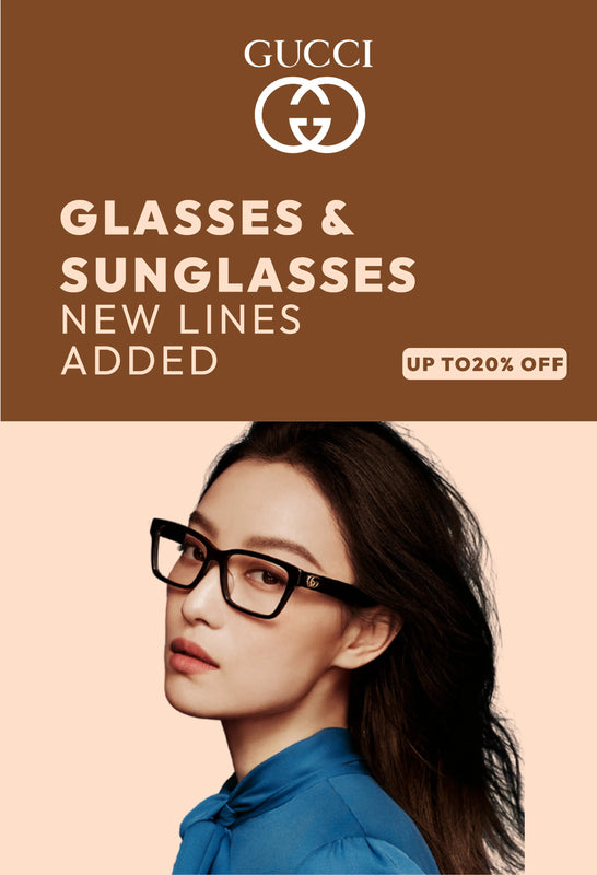 Elegant woman wearing Gucci black-rimmed glasses mobile banner, emphasizing the brand's luxury and style. Promotional banner highlights "Glasses & Sunglasses," "New Lines Added," and a discount offer of up to 20% off on a brown and beige background.
