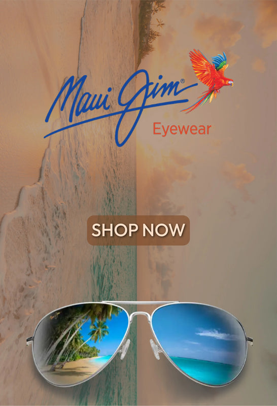 Maui Jim sunglasses mobile banner showcasing a tropical beach reflection in the lenses, symbolizing premium eyewear perfect for sunny destinations. Background features a serene sunset beach scene, Maui Jim branding.