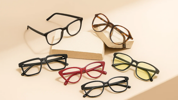 A variety of trendy eyeglass frames in black, brown, red, and yellow lenses displayed on a beige background.